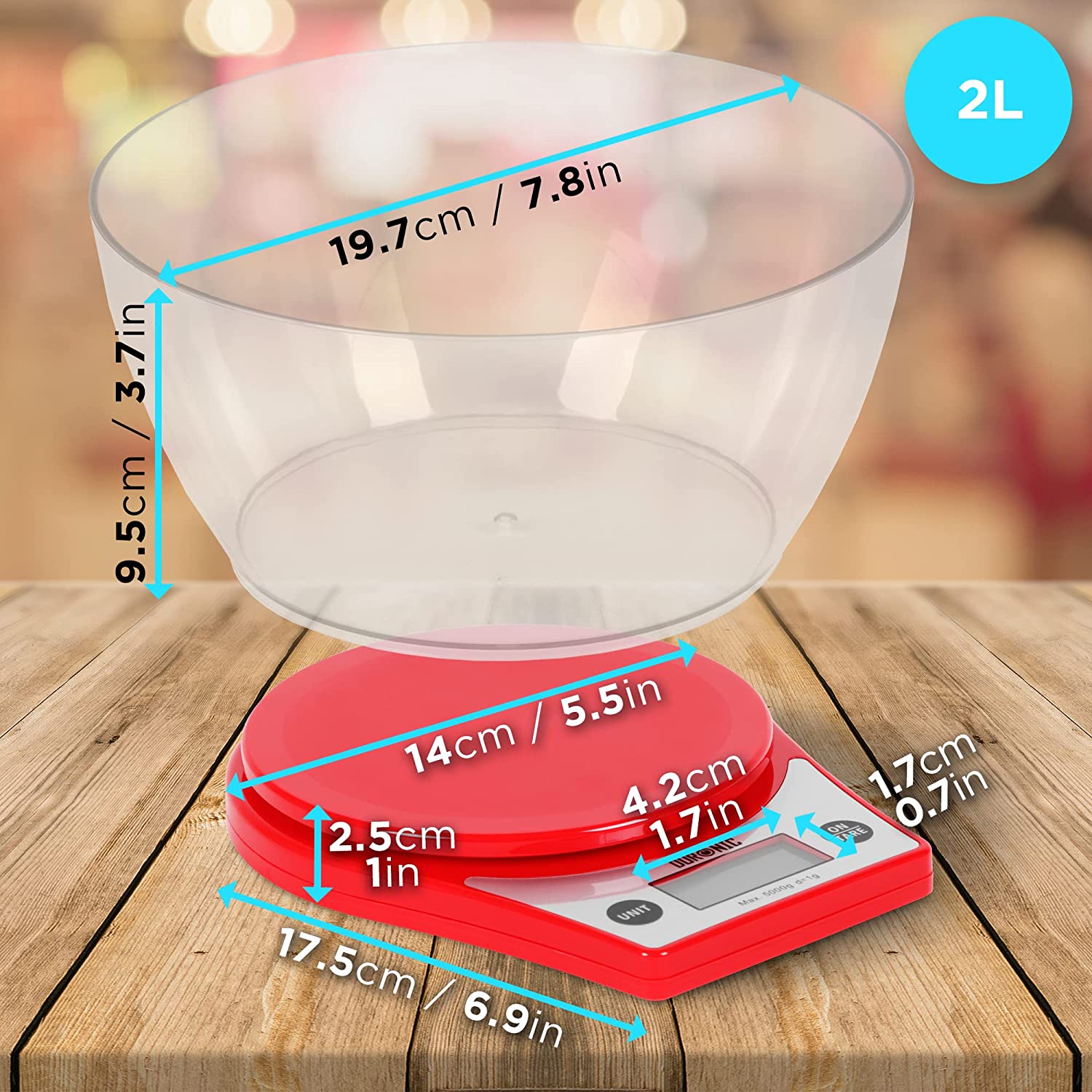 Duronic KS6000 RD Küchenwaage | 5 kg Digitalwaage rund mit 2,5 L abnehmbarer Schüssel | 1 g grammgenau Präzision-Feinwaage | Haushaltswaage mit Tara-Funktion | Digitale Waage mit Hold-Funktion | Backen
