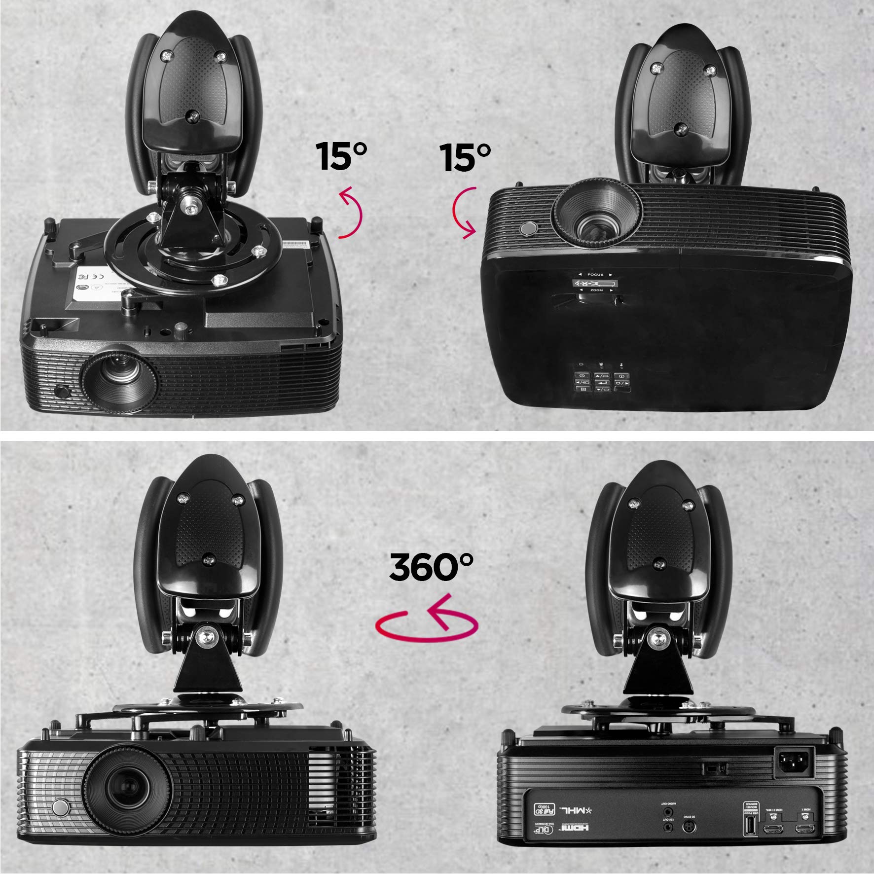 Duronic PB10XM Beamer Halterung | Projektor Deckenhalterung | Universal Wandhalterung | Halterung für Video-Projektor | drehbar und schwenkbar | Heimkino | Traglast bis zu 15 kg | 360° Rotation