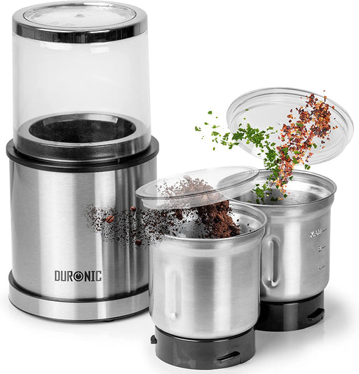 Duronic CG421 2in1 Kaffee- und Gewürzmühle - Für trockene und feuchte Zutaten geeignet - Fassungsvermögen 75g/220ml - Elektrischer Mixer mit 200W - Inklusive 2 Behälter aus Edelstahl