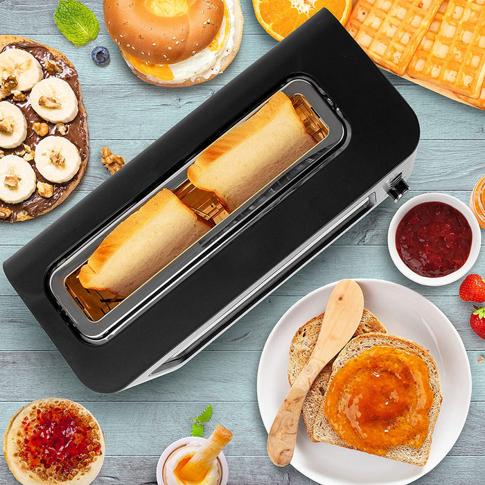 Duronic TB10 Toaster mit Glasfenster | Automatik-Toaster für 2 Scheiben | Für Sandwichtoast geeignet | Gebürsteter Edelstahl | Toasten, Auftauen und Erwärmen | 6 Temperaturstufen | Krümelfach | 1000 W
