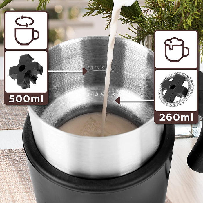 Duronic MF500 BK Automatischer Milchaufschäumer | 500 ml Behälter mit Induktion | Elektrischer Milchschäumer mit 2x Rühreinsatz | Heißer und kalter Milchschaum für Kaffee, Kakao | Rühren und Schäumen