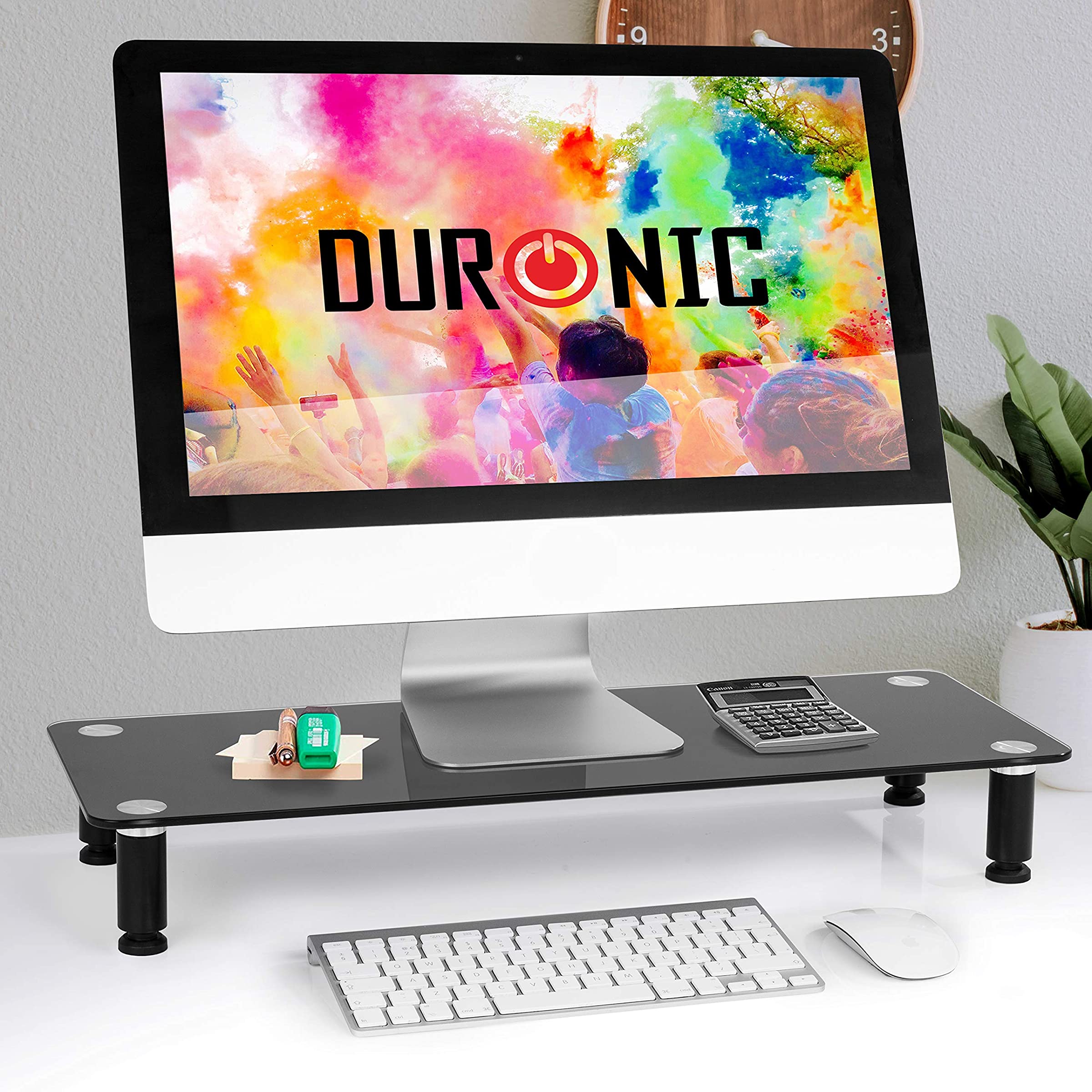 Duronic DM052-4 Monitorständer | 70 x 24 cm schwarze Glasplatte | Bis 20 kg | Ergonomischer Bildschirmständer Schreibtisch | Schreibtischaufsatz Monitor und Laptop | Bildschirmerhöhung LCD LED OLED TV