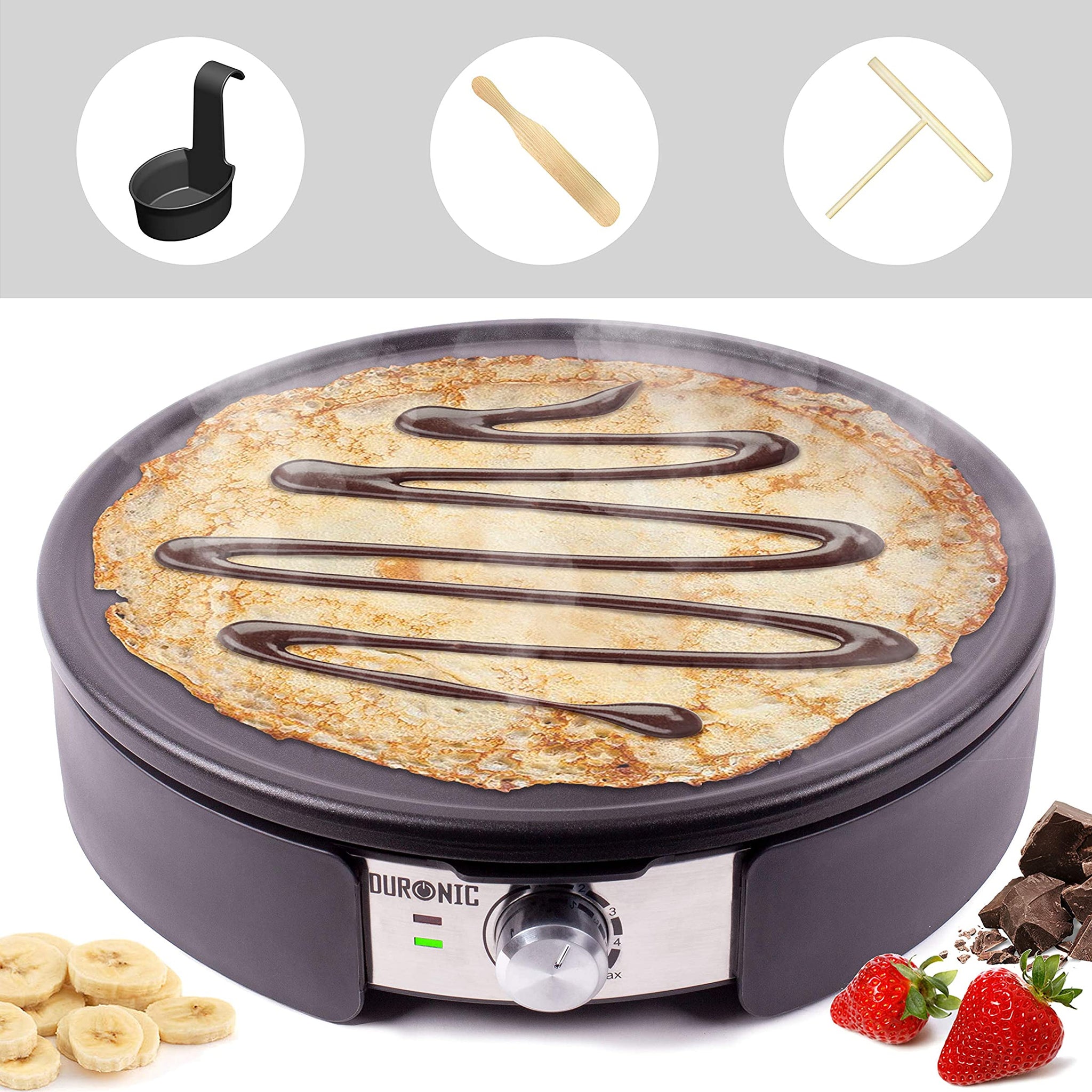 Duronic PM152 Crepesmaker | Crepes-Eisen für 37 cm XXL Crêpes | Tortillas Galettes Burritos Tacos Maker | Fiesta Elektrogrill mit Zubehör | Grillplatte mit stufenloser Temperatureinstellung | 1500 W