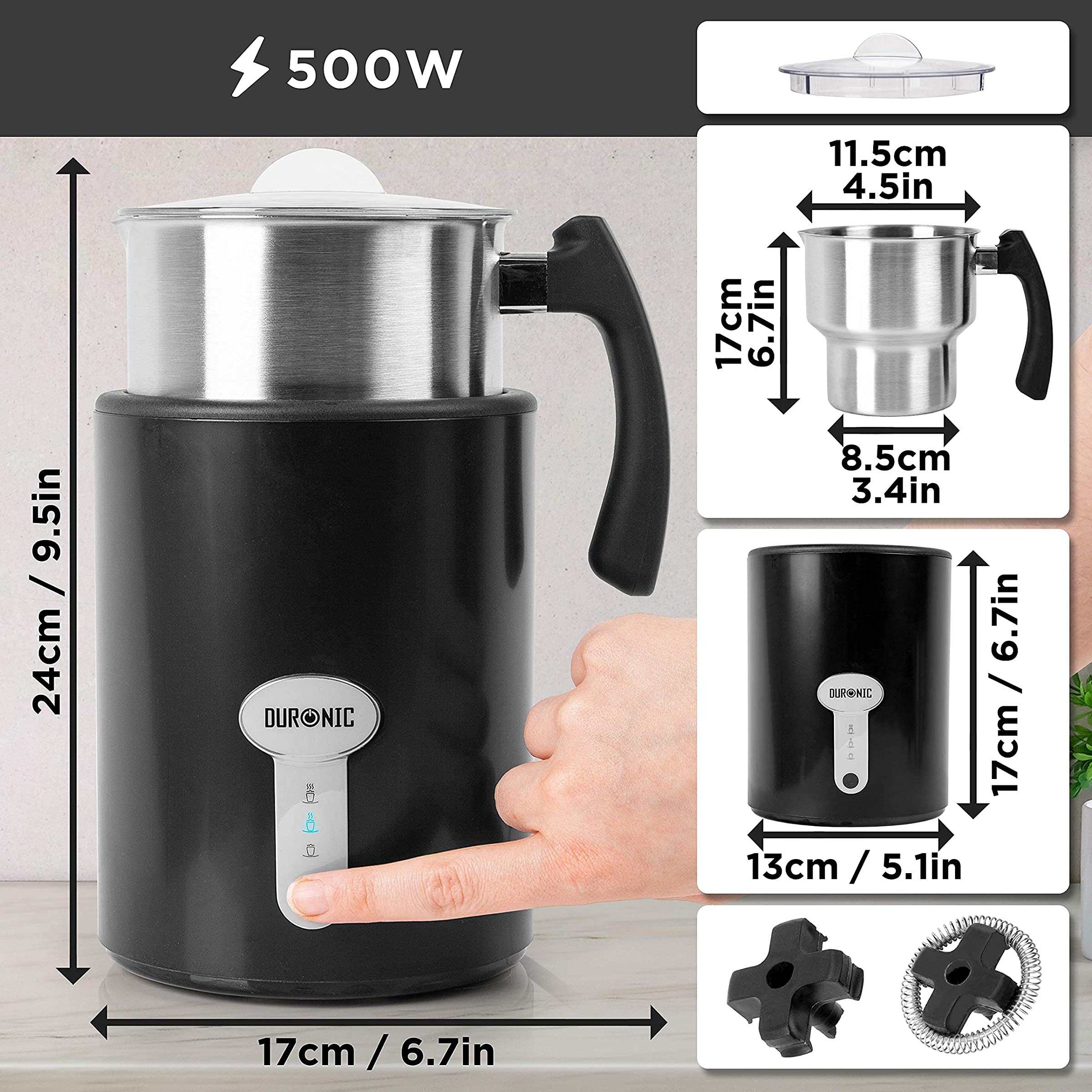 Duronic MF500 BK Milchaufschäumer Maße Leistung
