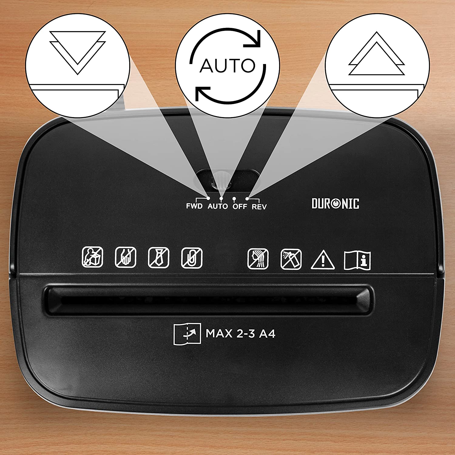 Duronic PS285 Aktenvernichter Bedienfeld Aus Zurück Vor Automatik