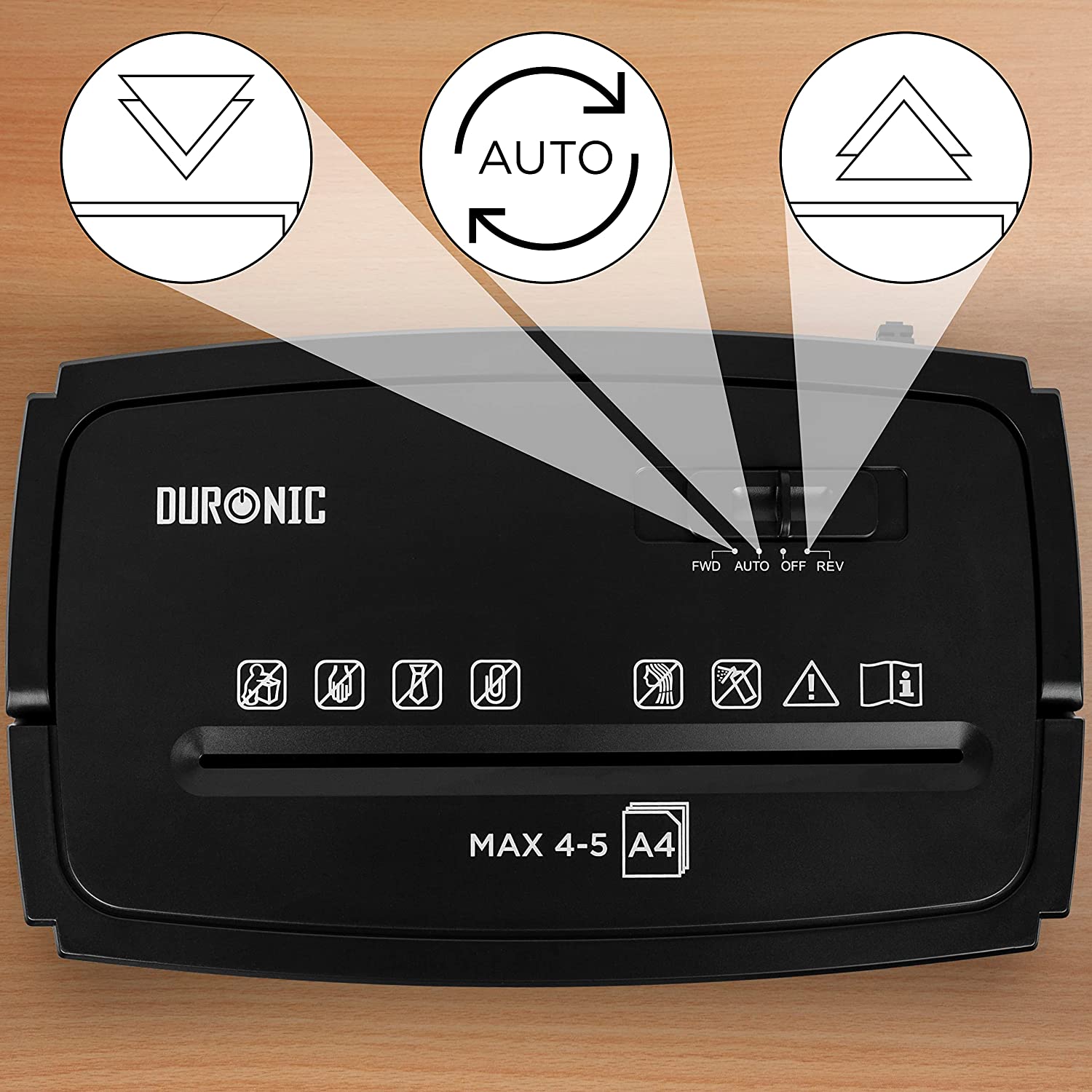 Duronic PS657 Aktenvernichter Bedienfeld Aus Zurück Vor Automatik